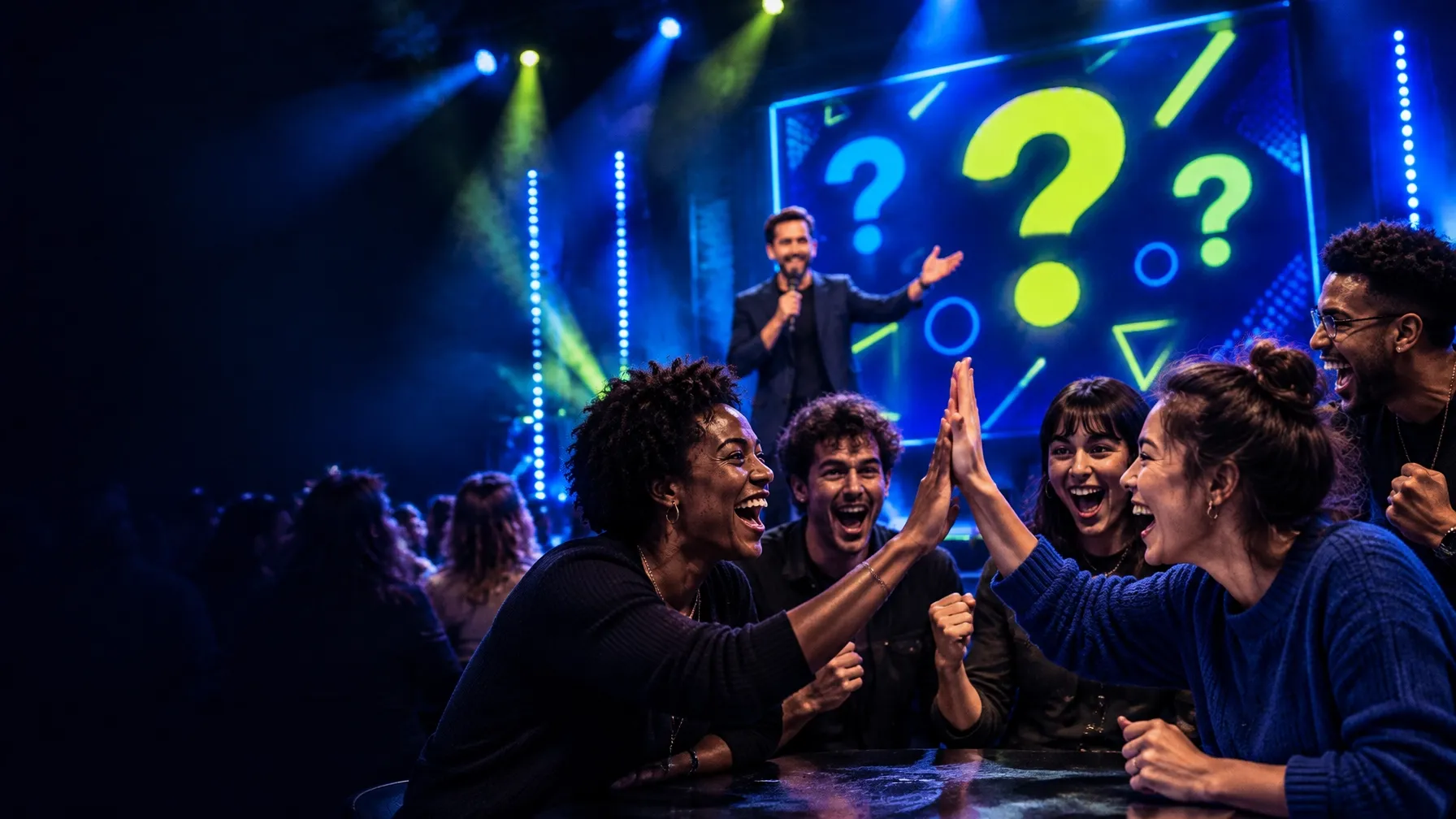 Friends celebrating together in front of a live trivia show host and big screen