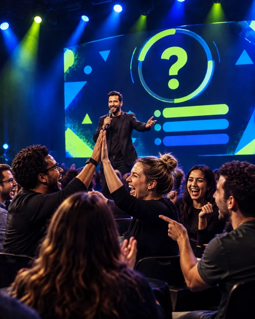 Trivia teammates high-fiving as their team celebrates a live answer