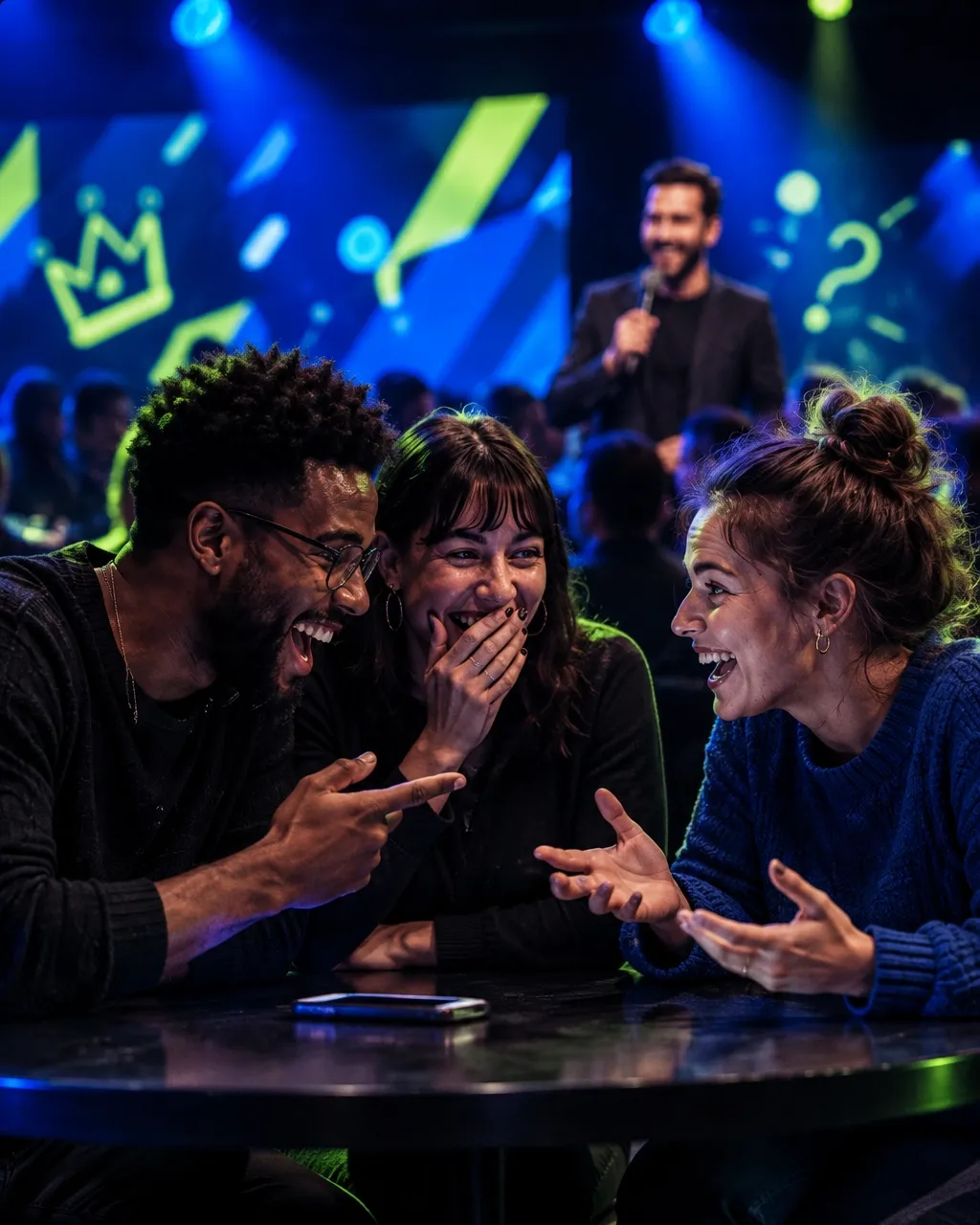 Friends laughing together during a trivia round